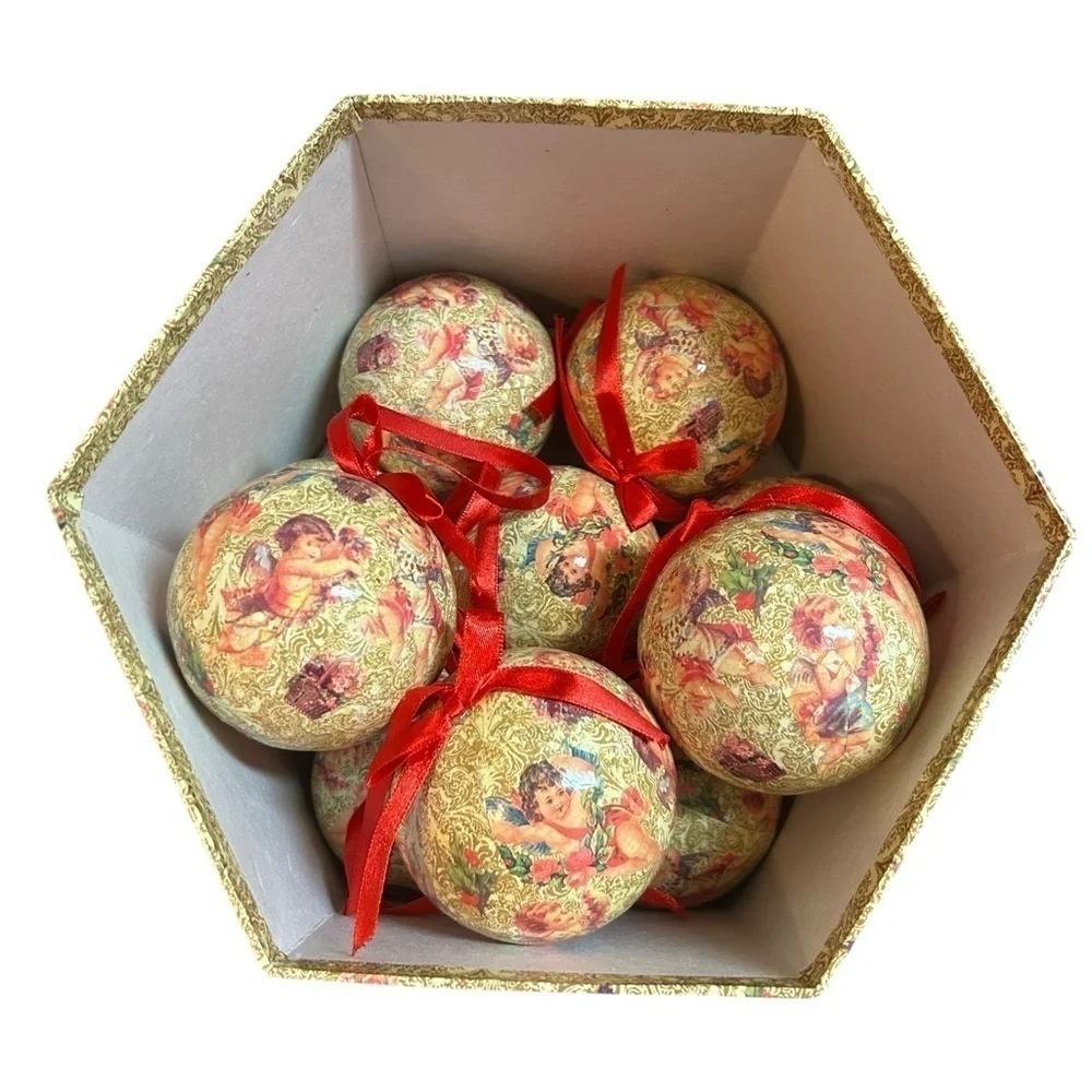 Christmas Balls Ornaments Angel Vintage Paper Mache Set Of 10 with Box